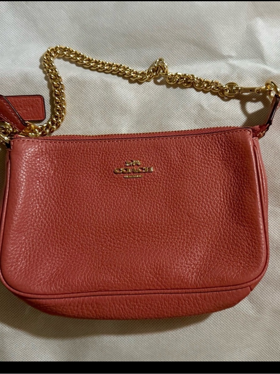 Coach Pebbled Leather Purse In Coral With Gold Chain